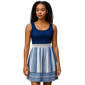 Blue Lace Tank Top Crochet Waist Cotton Blue Striped Tank Sundress Dress